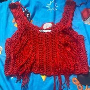 Zara Red Crochet Fringe Crop Top